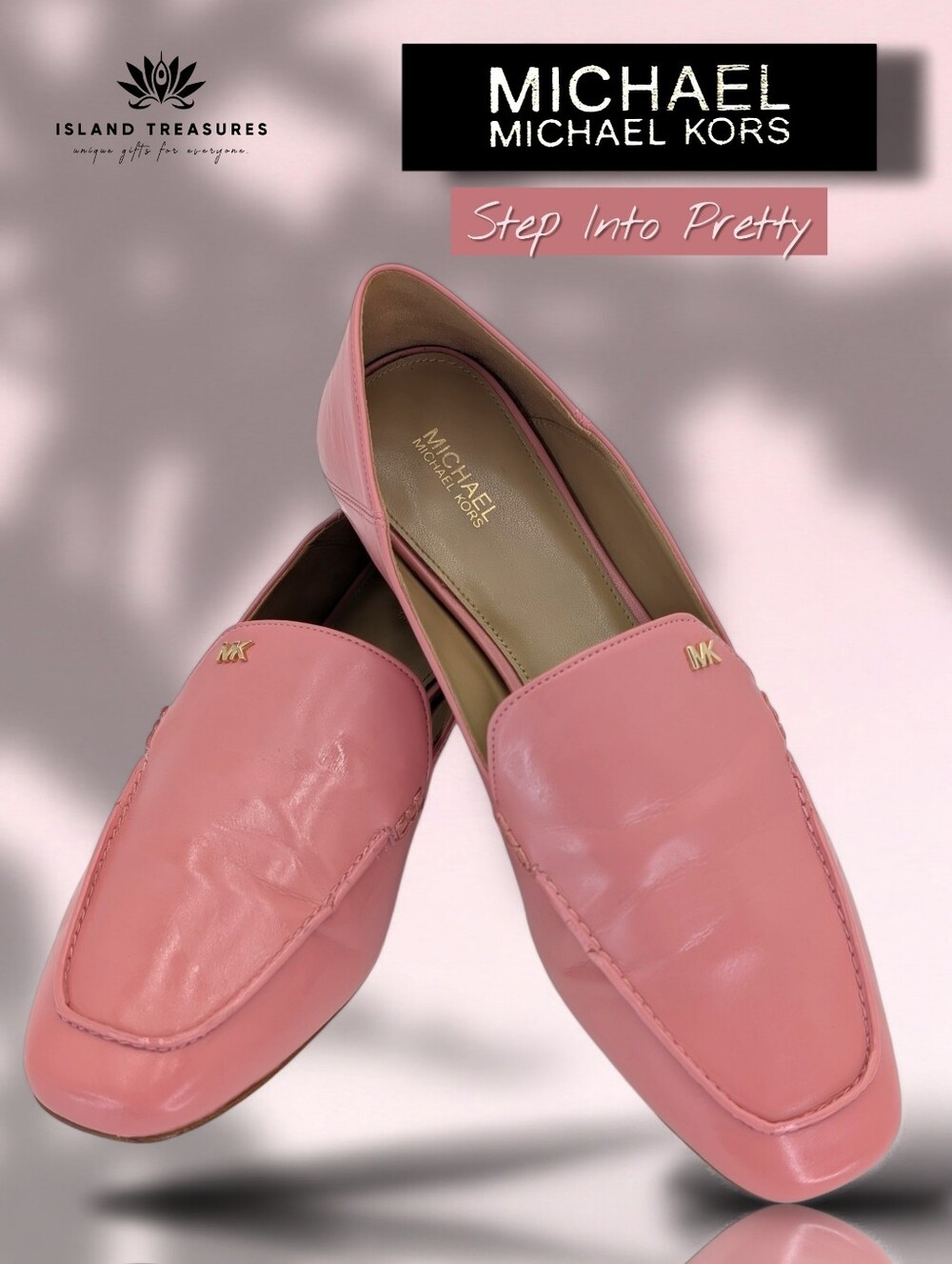 Michael Kors Women Sz 10 Iconic Gold MK Logo Square Toe Pink Faux Leather Loafer